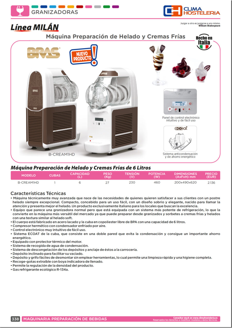 Máquina Preparación de Helado y Cremas Frías de 6 Litros B-CREAM1HD Clima Hostelería