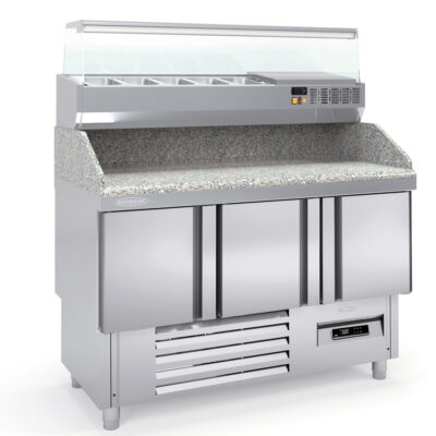 Mesa Fría Preparación Pizzas GN 14 Encimera de Granito con Expositor de Ingredientes Gama 700 DMFPP-140 Docriluc