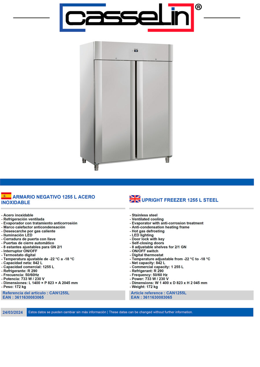 Armario-de-Congelación-Acero-Inoxidable-1255-Litros-8-Estantes-GN-2-1---2-Puertas-Opaca-1400x823x2045h-mm-CAN1255Lb-Casselin
