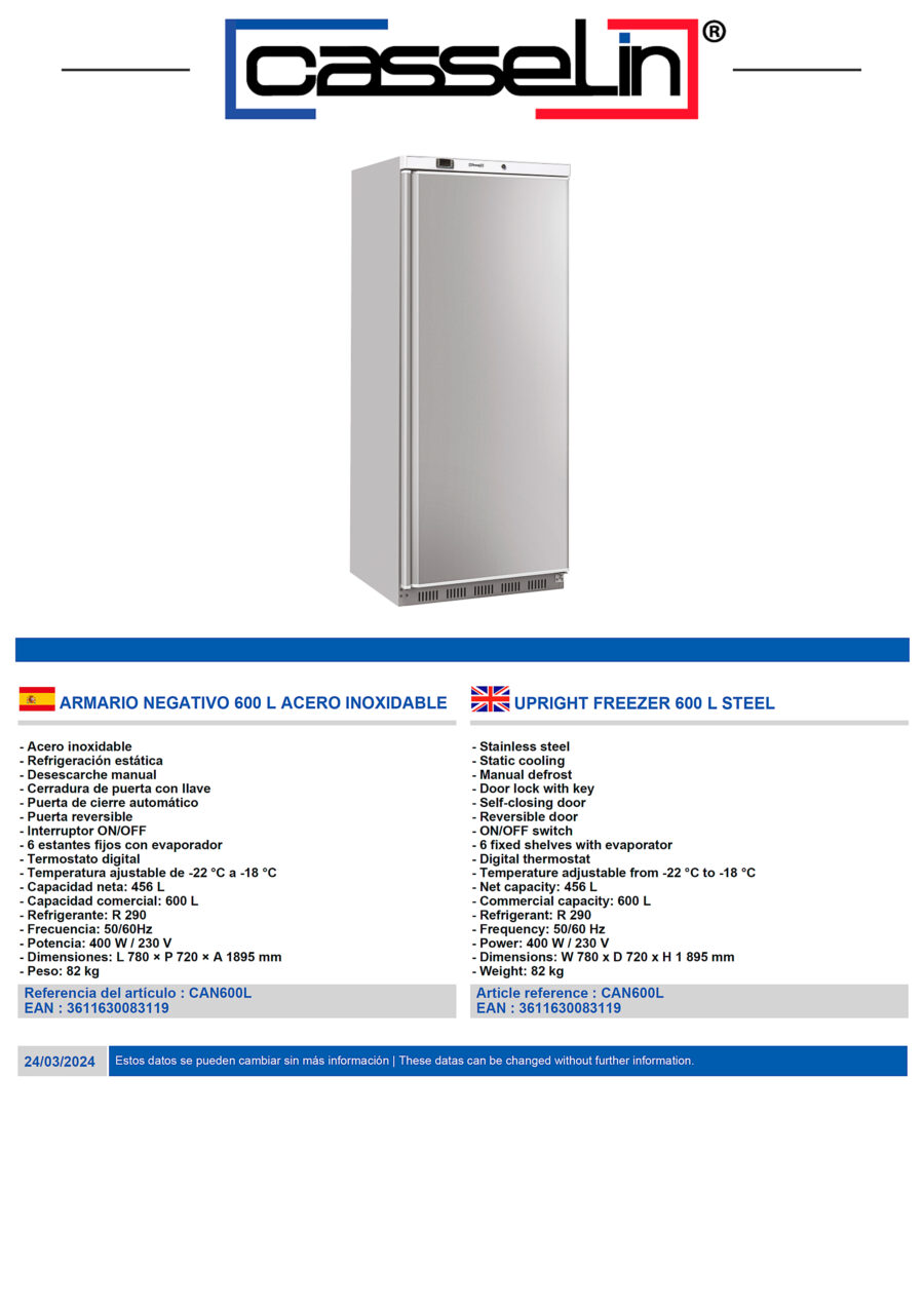 Armario-de-Congelación-Acero-Inoxidable-600-Litros-6-Estantes-1-Puerta-Opaca-780x720x1895h-mm-CAN600L-Casselin1