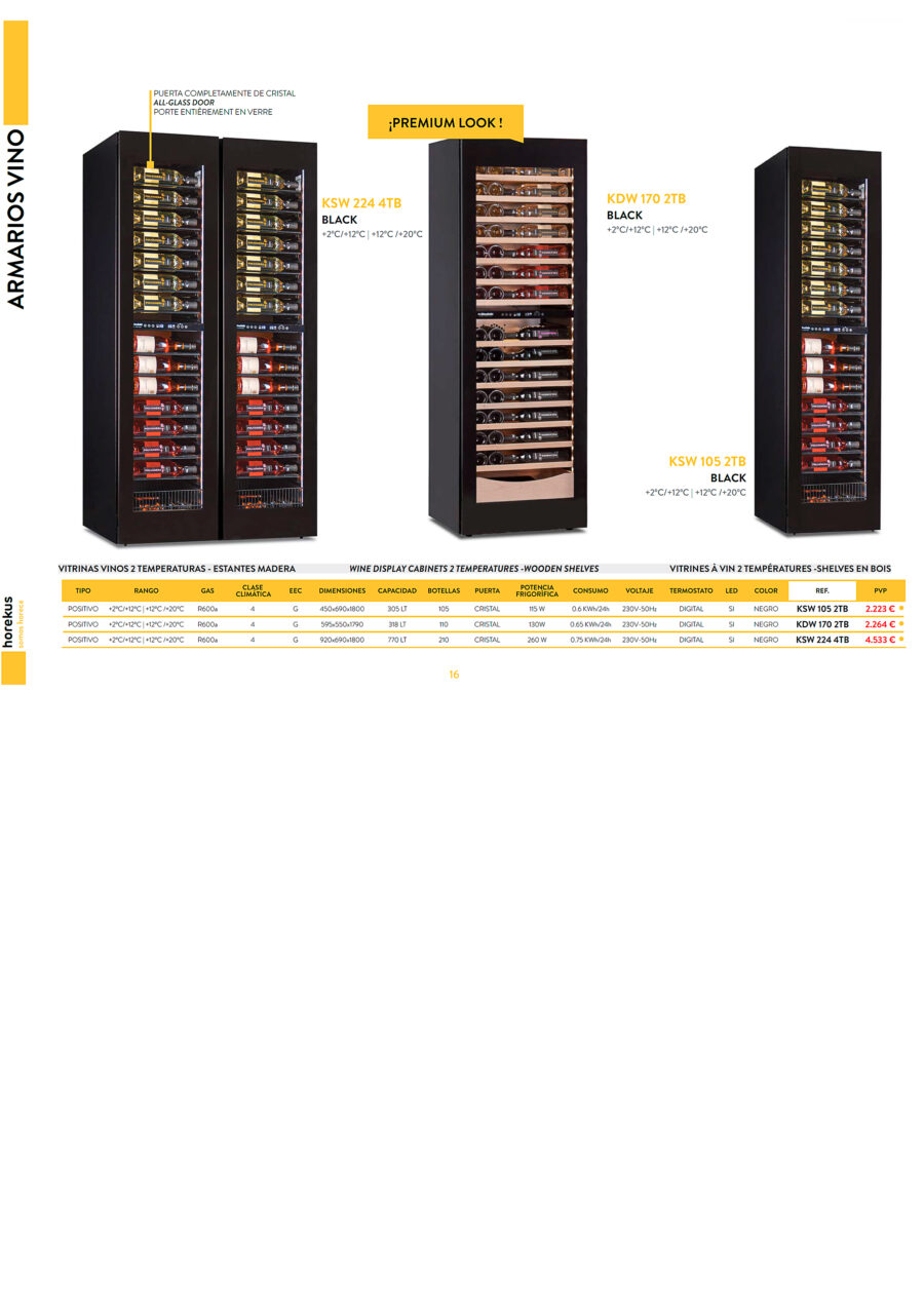 Armario Expositor Refrigerado para Vinos Doble Temperatura 2 Puertas de Cristal 770 Litros 210 Botellas 14 Estantes 920x690x1800h mm KSW 224 4TB Horekus - Imagen 2