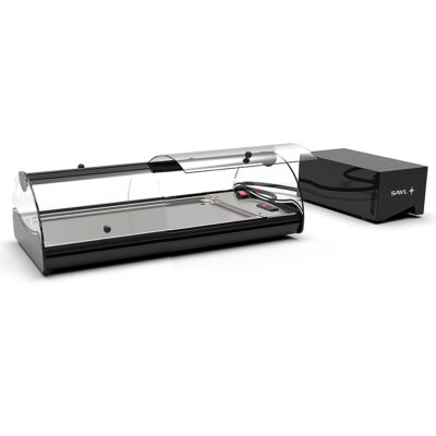 Vitrina Expositora Refrigerada para Buffets Cuba Plana Cristal Curvo Sobremesa Grupo Remoto Gama Self Service 840x395x245h mm S4GRP Sayl