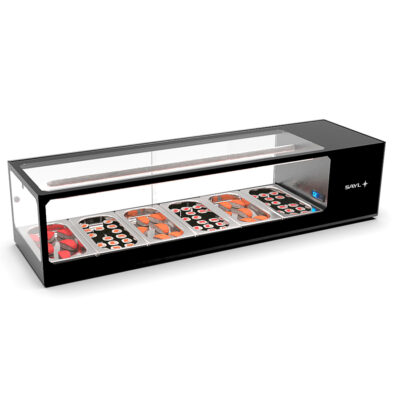 Vitrina Expositora Refrigerada para Sushi 6 Bandejas GN 1/3x40 Cristal Recto Sobremesa Gama LOGIC 1320x380x300h mm VTLG6S Sayl