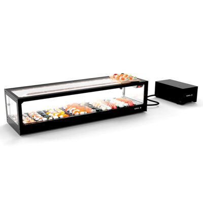 Vitrina Expositora Refrigerada para Sushi Cristal Recto Cuba Plana Grupo Remoto Sobremesa Gama LOGIC 1190x380x300h mm VTLG6SGRP Sayl