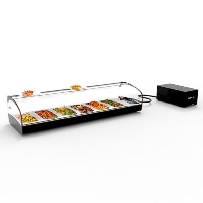 Vitrina Expositora Refrigerada para Tapas 6 Bandejas GN 1/3x40 Cristal Curvo Grupo Remoto Sobremesa Gama SHARK 1190x395x270h mm SK6GR Sayl