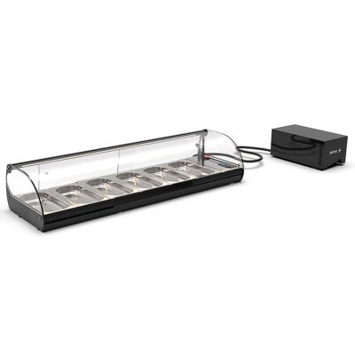 Vitrina Expositora Refrigerada para Tapas 6 Bandejas GN 1/3x40 Cristal Curvo Sobremesa Grupo Remoto Gama CLASSIC 1190x395x245h mm V6GR Sayl