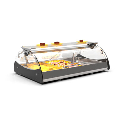 Vitrina Expositora Caliente Baño María Autoservicio Para Tapas Sobremesa Cristal Curvo 3 Bandejas GN 1/1 1x65 Maxiself 1020x650x320h mm CMX3E Sayl