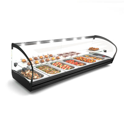 Vitrina Expositora Caliente para Tapas Baño María 1 Estante 6 Bandejas GN 1/3 X 40 Cristal Curvo Sobremesa Gama SHARK 1190x395x340h mm CK26L Sayl