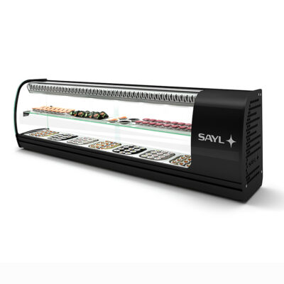 Vitrina Expositora Refrigerada para Tapas 1 Estante 7 Bandejas GN 1/6X40 Cristal Curvo Sobremesa Gama SLIM 1350x260x400h mm VSL7S Sayl