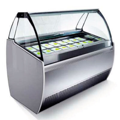 Vitrina Expositora de Congelación con Reserva para Heladeria 7 Cubetas Cristal Curvo 1000x1065x1370h mm J1000 INFRIMA