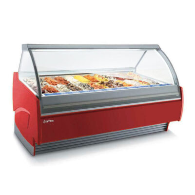 Vitrina Expositora de Congelación con Reserva para Heladería 16 Cubetas Cristal Curvo 1500x1200x1370h mm AM16 INFRIMA