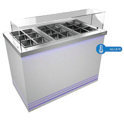 Mesa Topping 18 GN 1/6 Frio, Neutro y Calor para Ingredientes Cristal Recto con Reserva 230 Litros 1250x700x1200h mm IBIZA125 INFRIMA