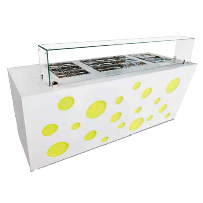 Mesa Topping 18 GN 1/6 Frio, Neutro y Calor para Ingredientes Cristal Recto con Reserva 230 Litros 1250x900x1200h mm MALTA125 INFRIMA