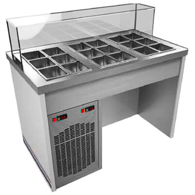 Mesa Topping 18 GN 1/6 Frio, Neutro y Calor para Ingredientes Cristal Recto sin Reserva 1250x700x1200h mm BIZA125SR INFRIMA